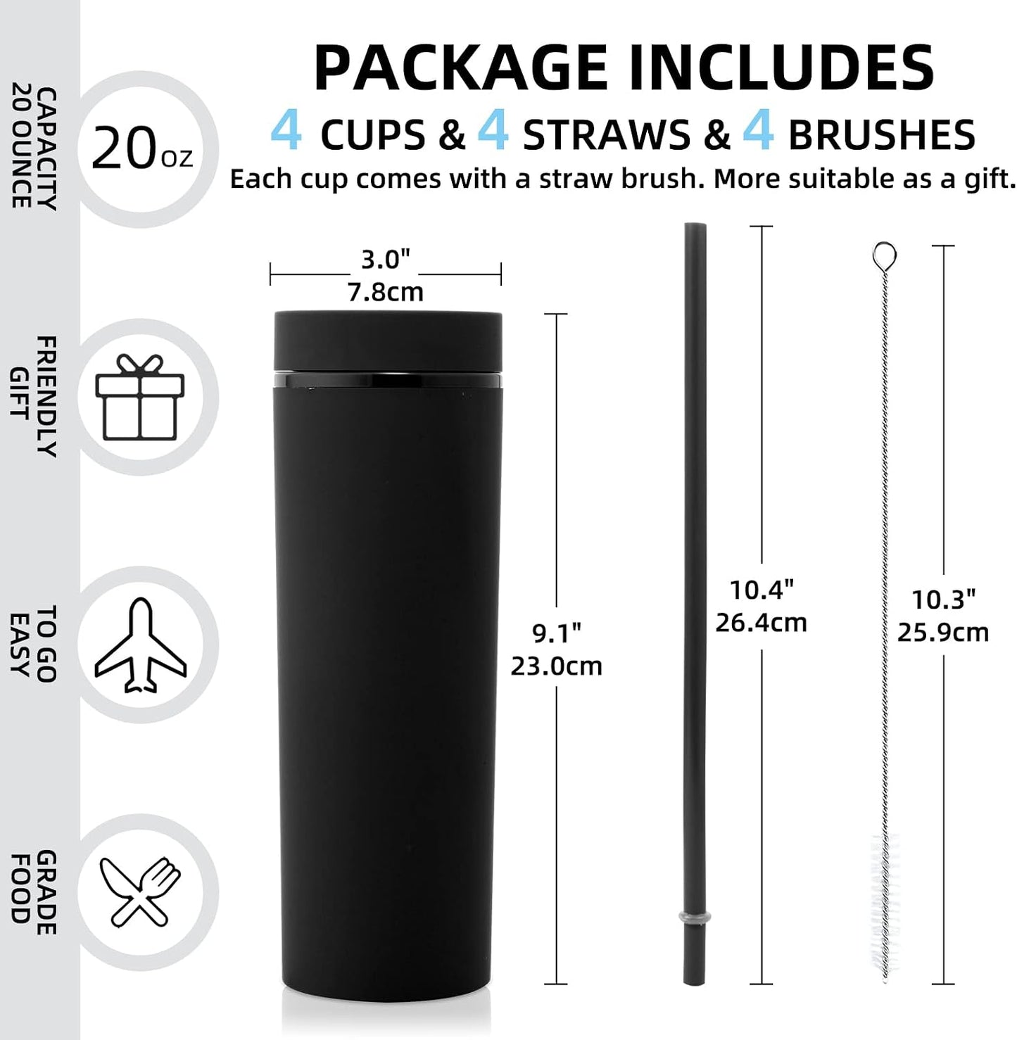 Volhoply 20oz Plastic Skinny Tumblers Bulk 4 Pack,Double Wall Tumbler with Lid and Straw,Reusable Travel Iced Coffee Mug,BPA Free Matte Acrylic Water Cups with Straw for Party,DIY Gifts(Mix, 4 Set)