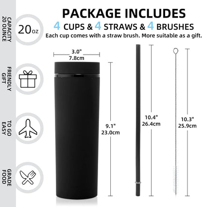 Volhoply 20oz Plastic Skinny Tumblers Bulk 4 Pack,Double Wall Tumbler with Lid and Straw,Reusable Travel Iced Coffee Mug,BPA Free Matte Acrylic Water Cups with Straw for Party,DIY Gifts(Mix, 4 Set)