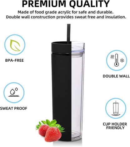 Volhoply 20oz Plastic Skinny Tumblers Bulk 4 Pack,Double Wall Tumbler with Lid and Straw,Reusable Travel Iced Coffee Mug,BPA Free Matte Acrylic Water Cups with Straw for Party,DIY Gifts(Mix, 4 Set)