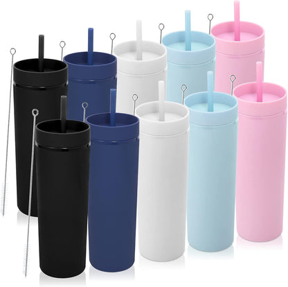 Volhoply 20oz Plastic Skinny Tumblers Bulk 4 Pack,Double Wall Tumbler with Lid and Straw,Reusable Travel Iced Coffee Mug,BPA Free Matte Acrylic Water Cups with Straw for Party,DIY Gifts(Mix, 4 Set)
