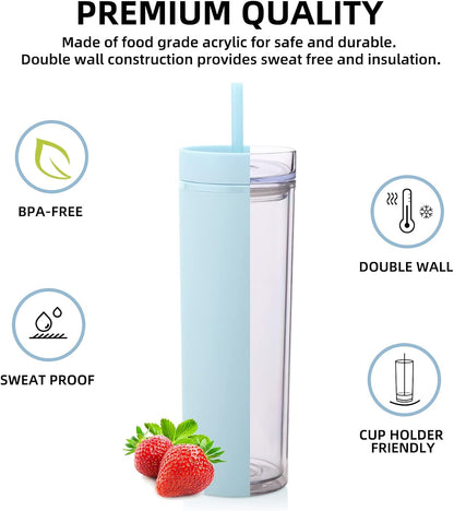 Volhoply 20oz Plastic Skinny Tumblers Bulk 4 Pack,Double Wall Tumbler with Lid and Straw,Reusable Travel Iced Coffee Mug,BPA Free Matte Acrylic Water Cups with Straw for Party,DIY Gifts(Mix, 4 Set)