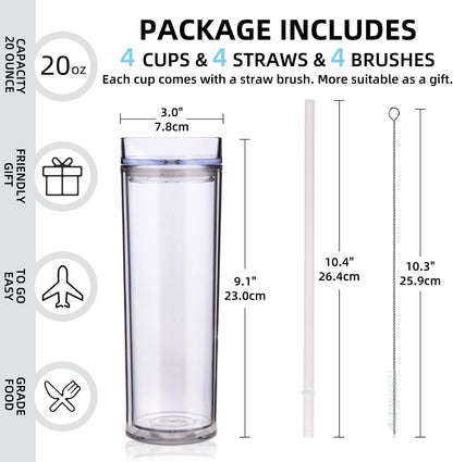 Volhoply 20oz Plastic Skinny Tumblers Bulk 4 Pack,Double Wall Tumbler with Lid and Straw,Reusable Travel Iced Coffee Mug,BPA Free Matte Acrylic Water Cups with Straw for Party,DIY Gifts(Mix, 4 Set)