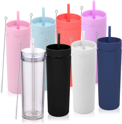 Volhoply 20oz Plastic Skinny Tumblers Bulk 4 Pack,Double Wall Tumbler with Lid and Straw,Reusable Travel Iced Coffee Mug,BPA Free Matte Acrylic Water Cups with Straw for Party,DIY Gifts(Mix, 4 Set)