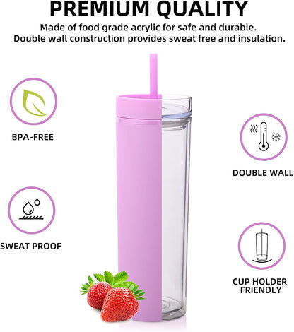 Volhoply 20oz Plastic Skinny Tumblers Bulk 4 Pack,Double Wall Tumbler with Lid and Straw,Reusable Travel Iced Coffee Mug,BPA Free Matte Acrylic Water Cups with Straw for Party,DIY Gifts(Mix, 4 Set)