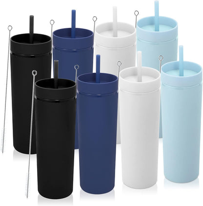 Volhoply 20oz Plastic Skinny Tumblers Bulk 4 Pack,Double Wall Tumbler with Lid and Straw,Reusable Travel Iced Coffee Mug,BPA Free Matte Acrylic Water Cups with Straw for Party,DIY Gifts(Mix, 4 Set)
