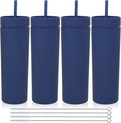 Volhoply 20oz Plastic Skinny Tumblers Bulk 4 Pack,Double Wall Tumbler with Lid and Straw,Reusable Travel Iced Coffee Mug,BPA Free Matte Acrylic Water Cups with Straw for Party,DIY Gifts(Mix, 4 Set)