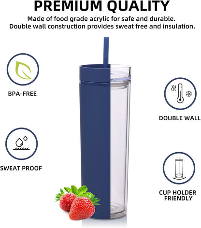 Volhoply 20oz Plastic Skinny Tumblers Bulk 4 Pack,Double Wall Tumbler with Lid and Straw,Reusable Travel Iced Coffee Mug,BPA Free Matte Acrylic Water Cups with Straw for Party,DIY Gifts(Mix, 4 Set)