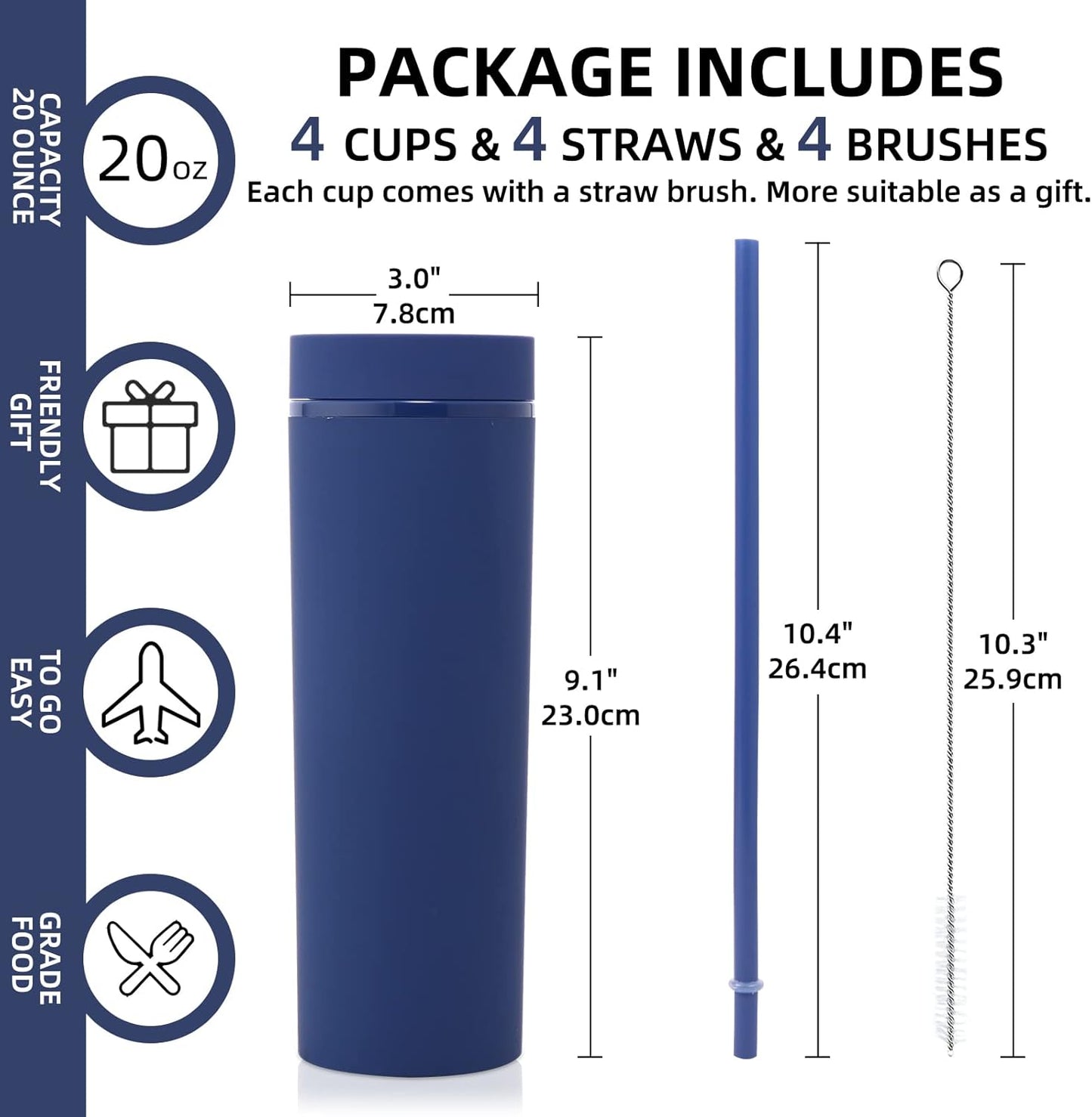 Volhoply 20oz Plastic Skinny Tumblers Bulk 4 Pack,Double Wall Tumbler with Lid and Straw,Reusable Travel Iced Coffee Mug,BPA Free Matte Acrylic Water Cups with Straw for Party,DIY Gifts(Mix, 4 Set)