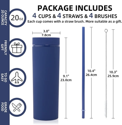 Volhoply 20oz Plastic Skinny Tumblers Bulk 4 Pack,Double Wall Tumbler with Lid and Straw,Reusable Travel Iced Coffee Mug,BPA Free Matte Acrylic Water Cups with Straw for Party,DIY Gifts(Mix, 4 Set)