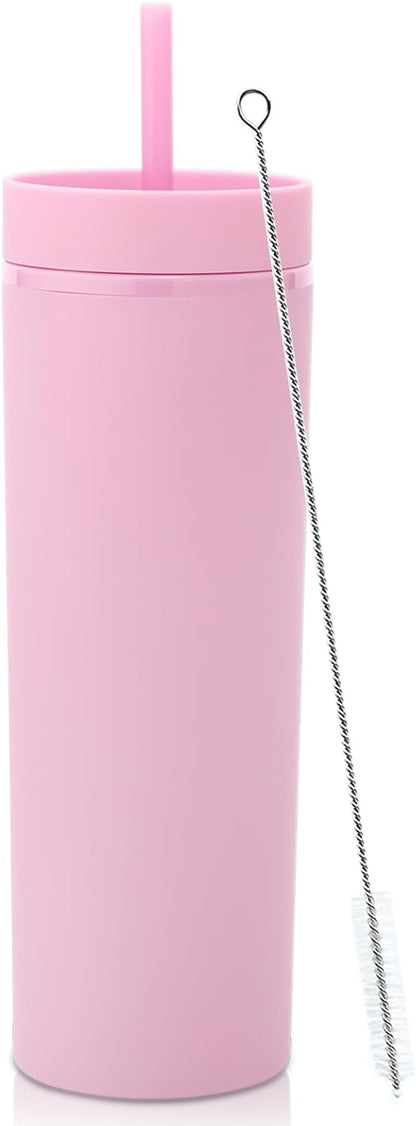 Volhoply 20oz Plastic Skinny Tumblers Bulk 4 Pack,Double Wall Tumbler with Lid and Straw,Reusable Travel Iced Coffee Mug,BPA Free Matte Acrylic Water Cups with Straw for Party,DIY Gifts(Mix, 4 Set)