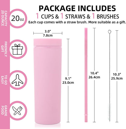 Volhoply 20oz Plastic Skinny Tumblers Bulk 4 Pack,Double Wall Tumbler with Lid and Straw,Reusable Travel Iced Coffee Mug,BPA Free Matte Acrylic Water Cups with Straw for Party,DIY Gifts(Mix, 4 Set)