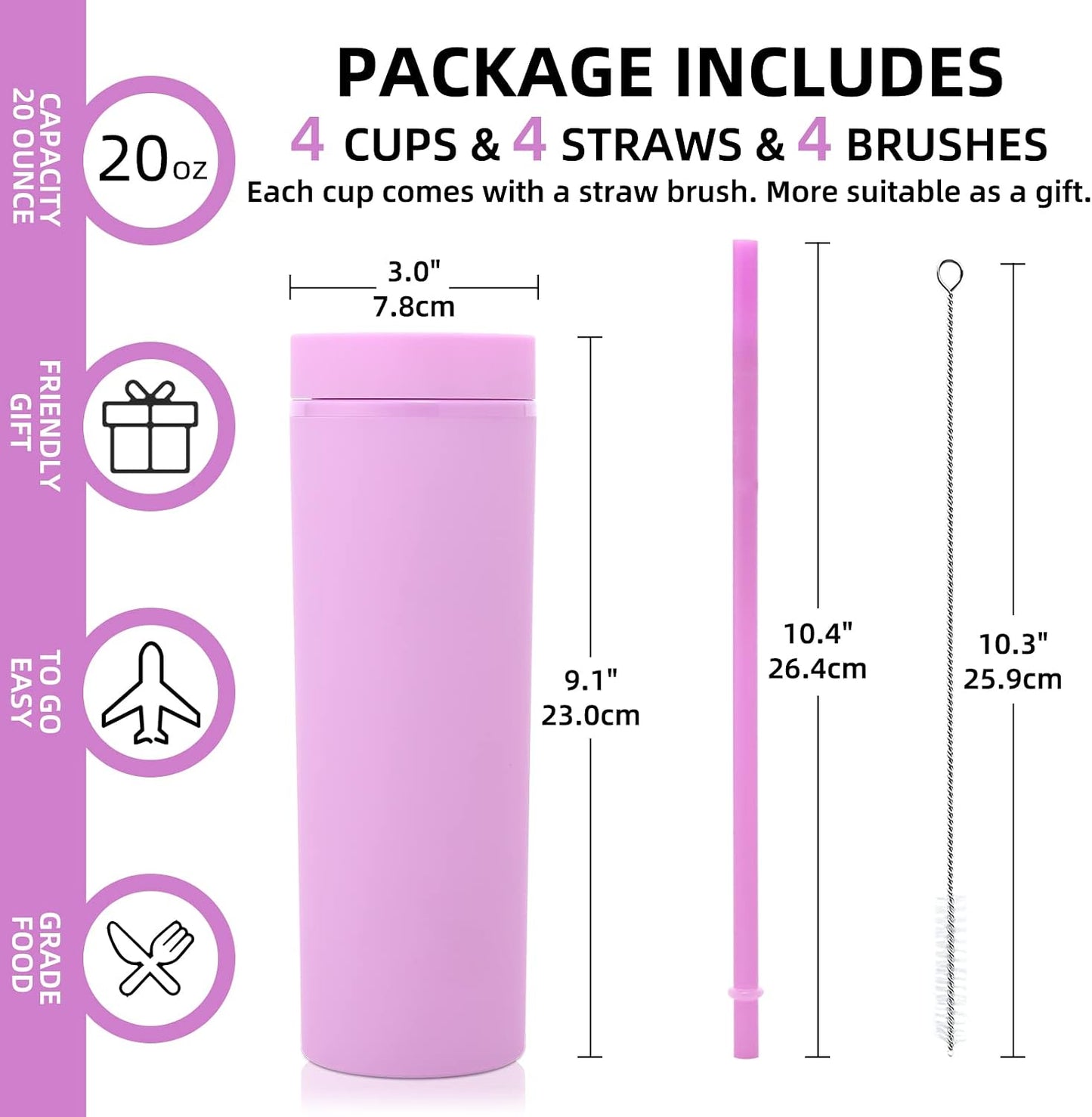 Volhoply 20oz Plastic Skinny Tumblers Bulk 4 Pack,Double Wall Tumbler with Lid and Straw,Reusable Travel Iced Coffee Mug,BPA Free Matte Acrylic Water Cups with Straw for Party,DIY Gifts(Mix, 4 Set)