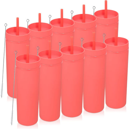 Volhoply 20oz Plastic Skinny Tumblers Bulk 4 Pack,Double Wall Tumbler with Lid and Straw,Reusable Travel Iced Coffee Mug,BPA Free Matte Acrylic Water Cups with Straw for Party,DIY Gifts(Mix, 4 Set)