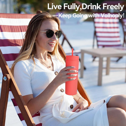 Volhoply 20oz Plastic Skinny Tumblers Bulk 4 Pack,Double Wall Tumbler with Lid and Straw,Reusable Travel Iced Coffee Mug,BPA Free Matte Acrylic Water Cups with Straw for Party,DIY Gifts(Mix, 4 Set)