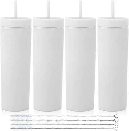 Volhoply 20oz Plastic Skinny Tumblers Bulk 4 Pack,Double Wall Tumbler with Lid and Straw,Reusable Travel Iced Coffee Mug,BPA Free Matte Acrylic Water Cups with Straw for Party,DIY Gifts(Mix, 4 Set)