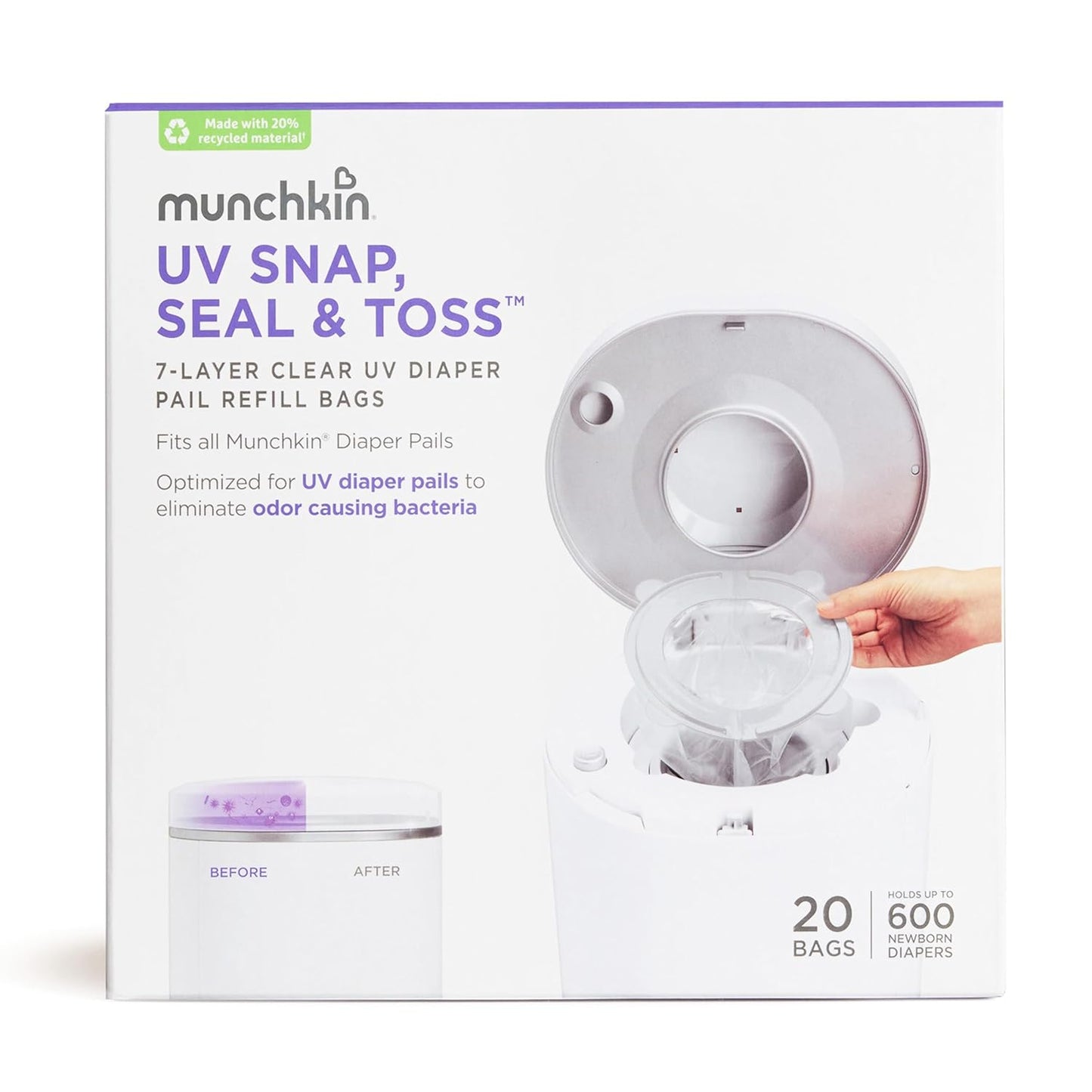 ® UV Snap, Seal & Toss™ Diaper Pail Refill Bags, Holds up to 600 Newborn Diapers, 20 Pack