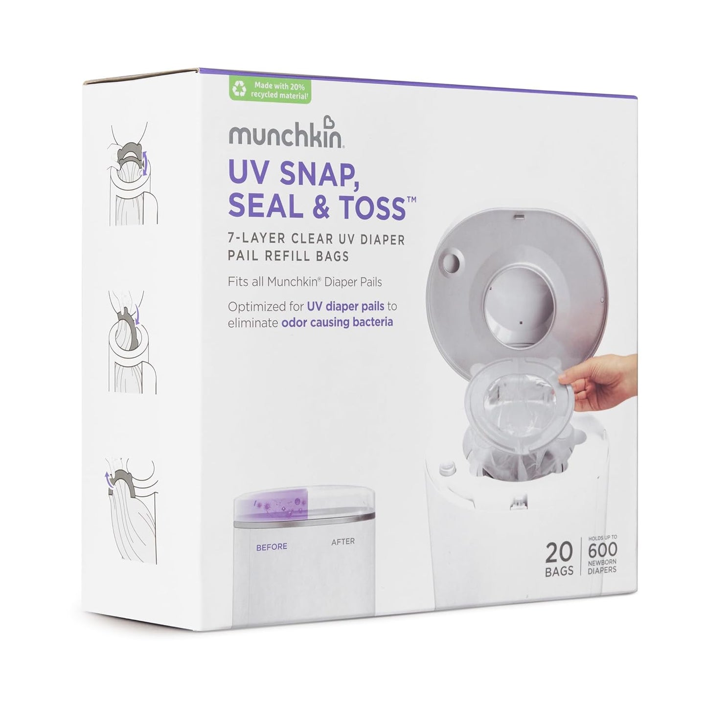 ® UV Snap, Seal & Toss™ Diaper Pail Refill Bags, Holds up to 600 Newborn Diapers, 20 Pack