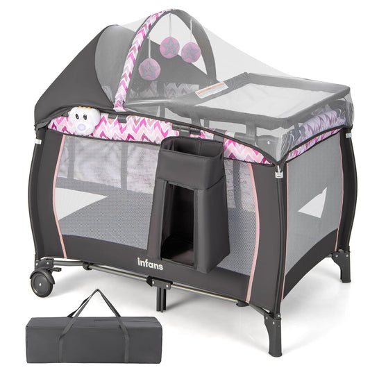 4 in 1 Pack and Play, Portable Travel Baby Playard with Bassinet, Changing Table, Canopy, Mosquito Net, Hanging Toys, Music Box, Storage Bag, Large Playpen from Newborn to Toddlers (Pink)