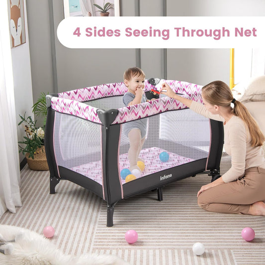 4 in 1 Pack and Play, Portable Travel Baby Playard with Bassinet, Changing Table, Canopy, Mosquito Net, Hanging Toys, Music Box, Storage Bag, Large Playpen from Newborn to Toddlers (Pink)