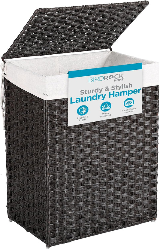 Single Laundry Hamper with Lid - Brown - Liner Bag - Hand Woven - Small Collapsible Hampers - Foldable Bin - Synthetic PE Rattan - Hand Woven - Clothes Basket