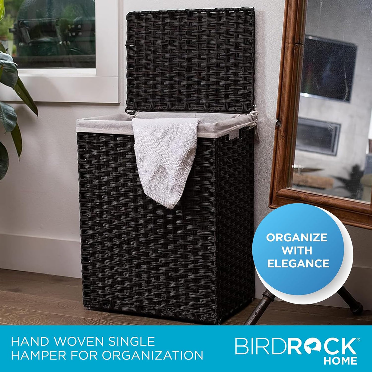 Single Laundry Hamper with Lid - Brown - Liner Bag - Hand Woven - Small Collapsible Hampers - Foldable Bin - Synthetic PE Rattan - Hand Woven - Clothes Basket
