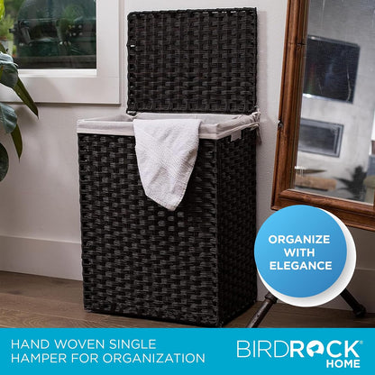 Single Laundry Hamper with Lid - Brown - Liner Bag - Hand Woven - Small Collapsible Hampers - Foldable Bin - Synthetic PE Rattan - Hand Woven - Clothes Basket