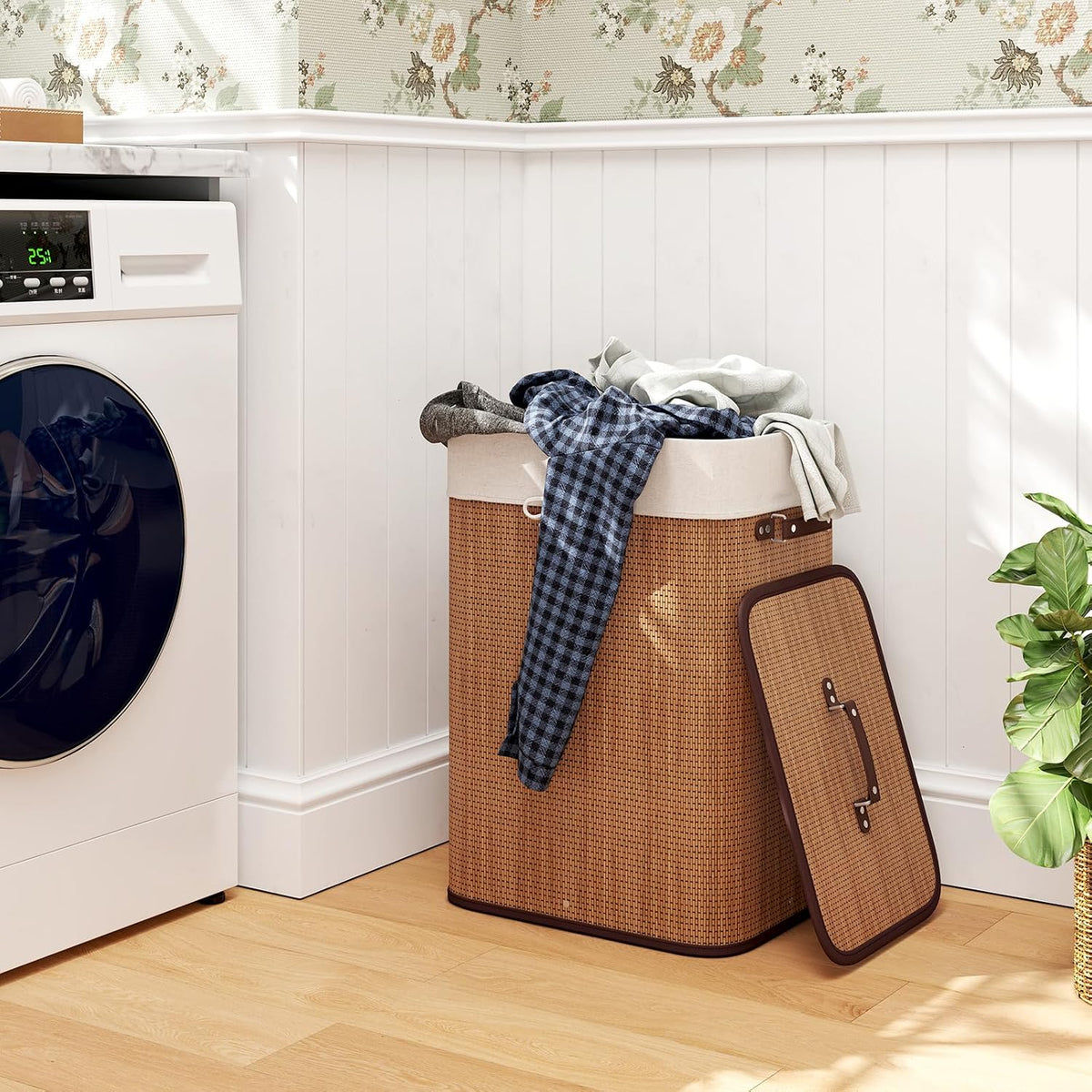 Bamboo Laundry Hamper with Lid Removable Liner & Handles