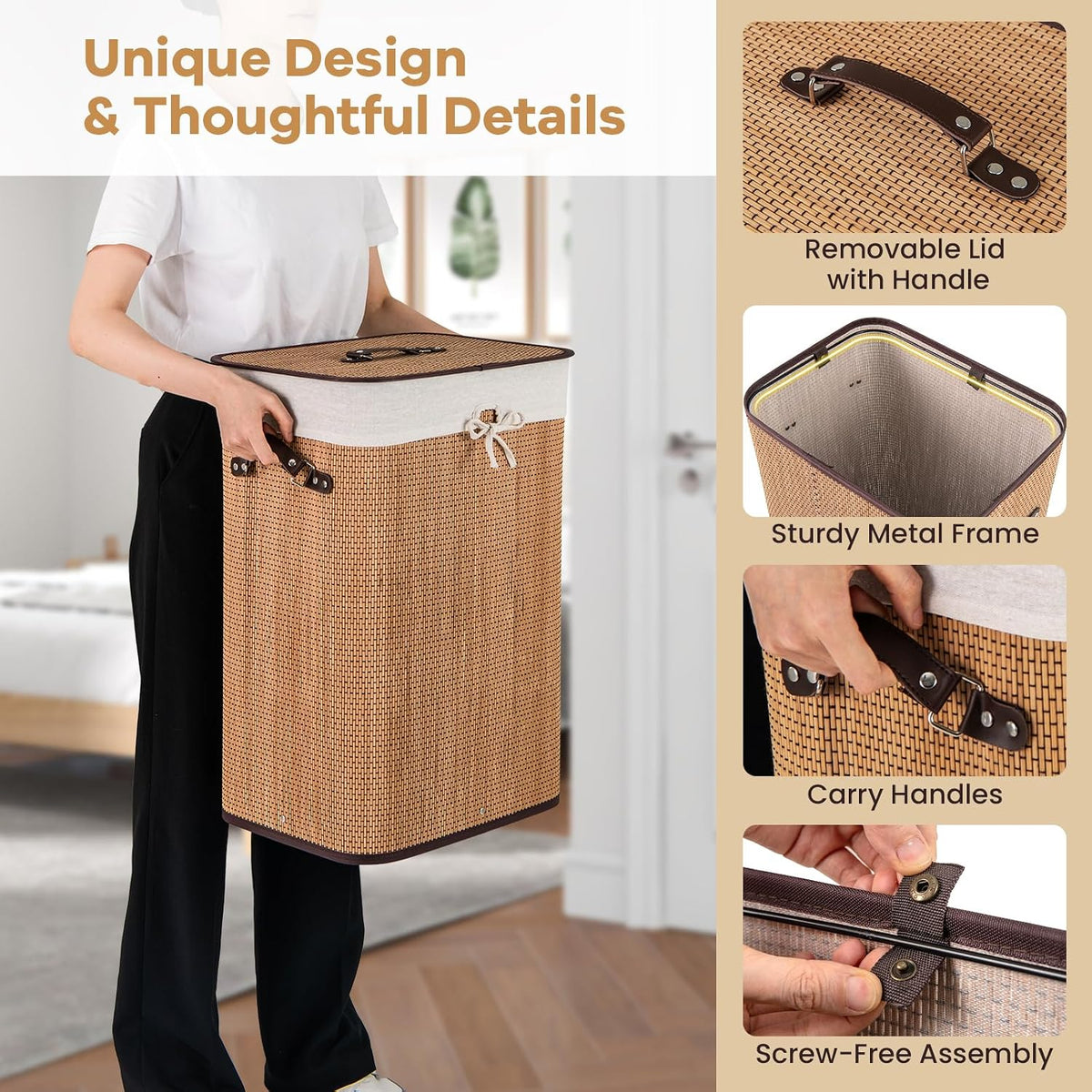 Bamboo Laundry Hamper with Lid Removable Liner & Handles