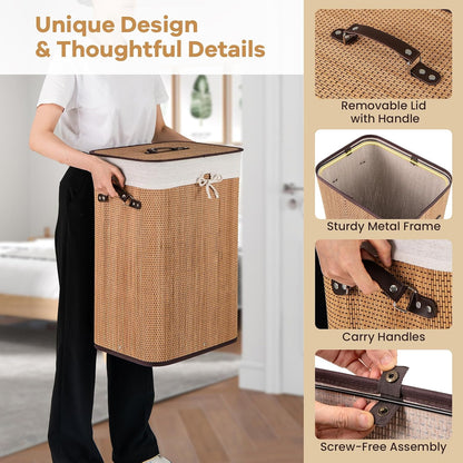 Bamboo Laundry Hamper with Lid Removable Liner & Handles