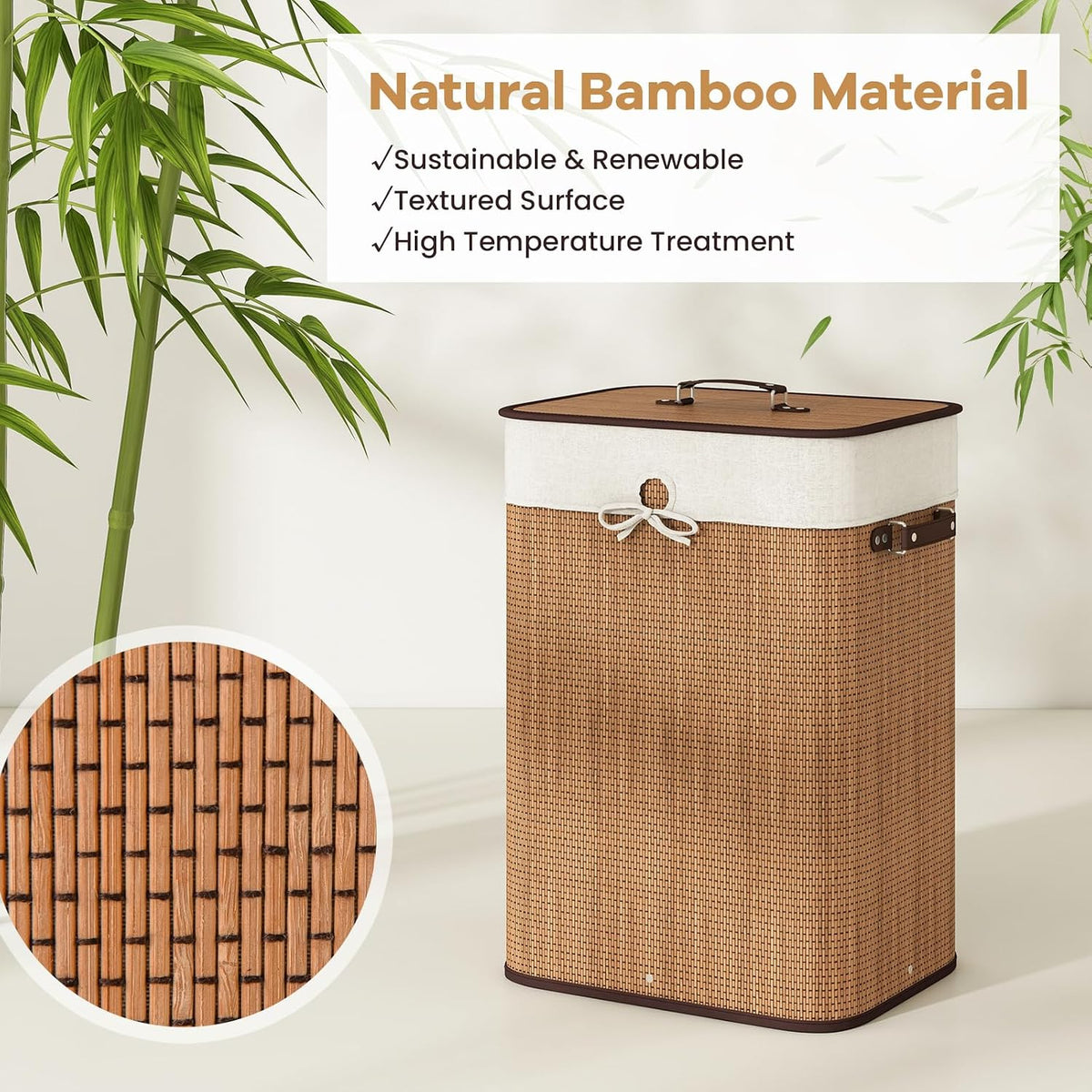 Bamboo Laundry Hamper with Lid Removable Liner & Handles