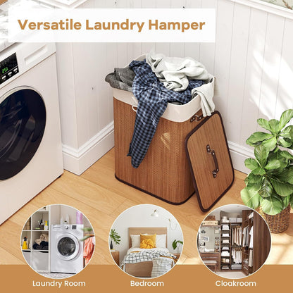 Bamboo Laundry Hamper with Lid Removable Liner & Handles