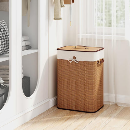 Bamboo Laundry Hamper with Lid Removable Liner & Handles