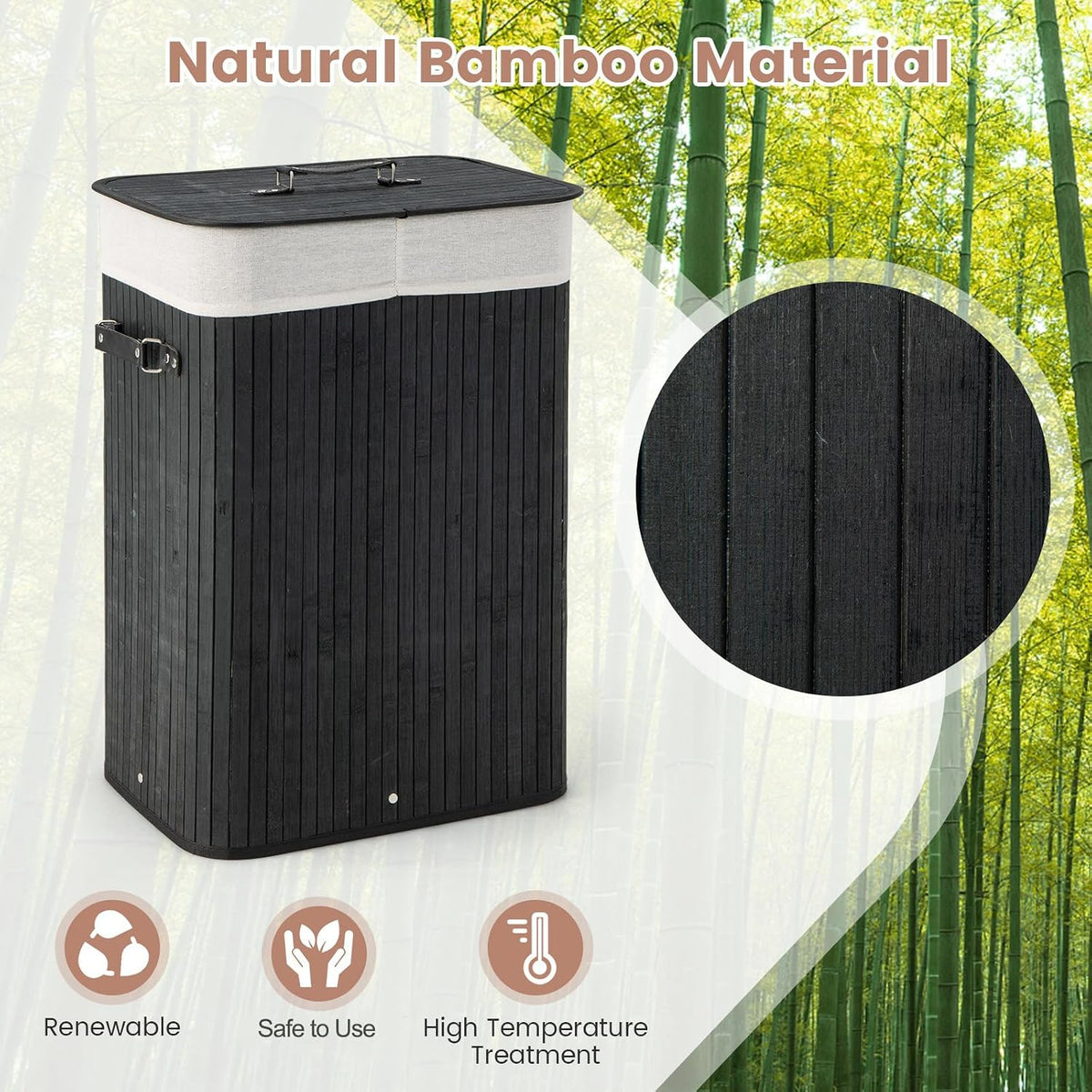 Bamboo Laundry Hamper with Lid Removable Liner & Handles