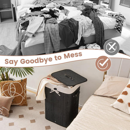 Bamboo Laundry Hamper with Lid Removable Liner & Handles