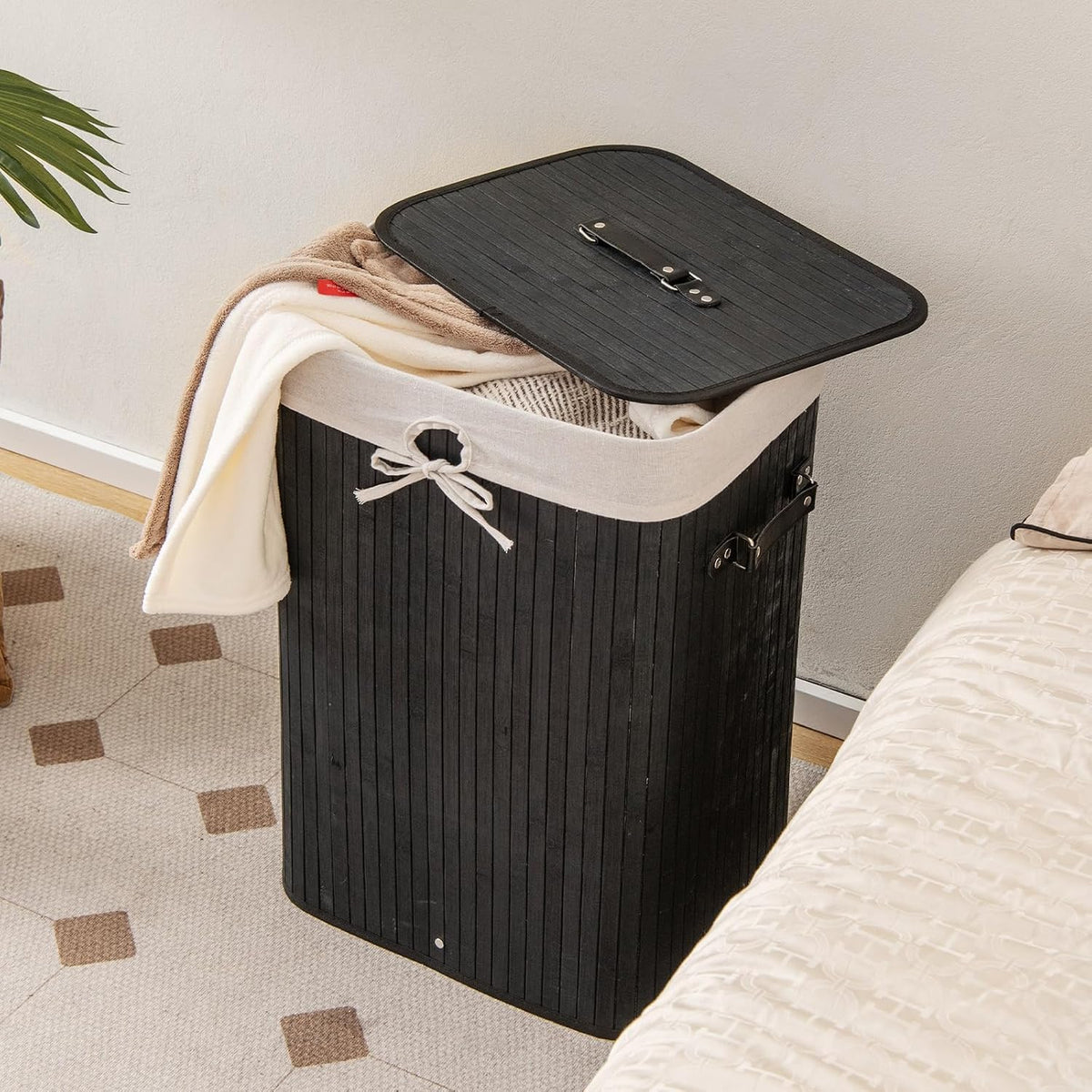 Bamboo Laundry Hamper with Lid Removable Liner & Handles
