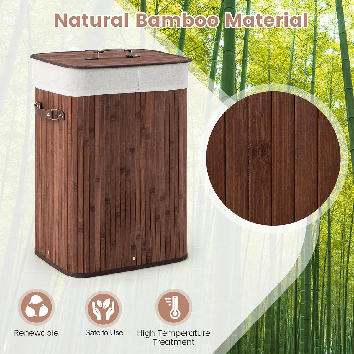 Bamboo Laundry Hamper with Lid Removable Liner & Handles