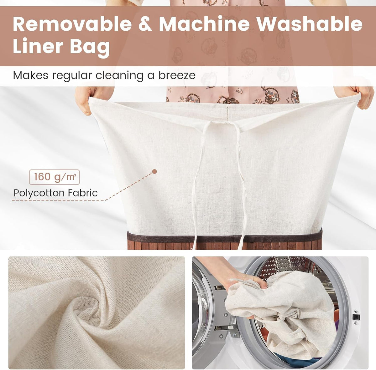 Bamboo Laundry Hamper with Lid Removable Liner & Handles