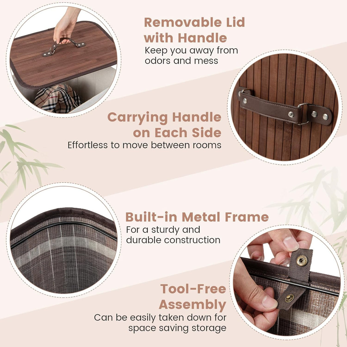Bamboo Laundry Hamper with Lid Removable Liner & Handles