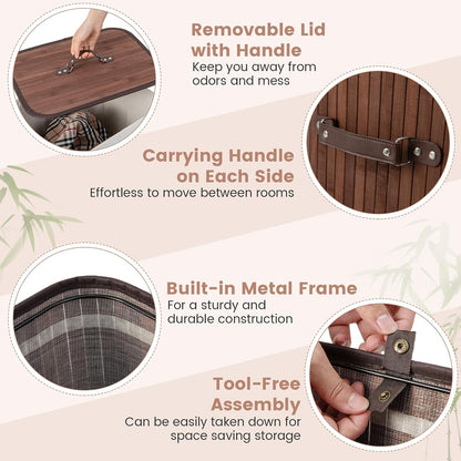 Bamboo Laundry Hamper with Lid Removable Liner & Handles