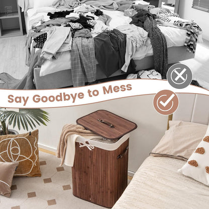 Bamboo Laundry Hamper with Lid Removable Liner & Handles