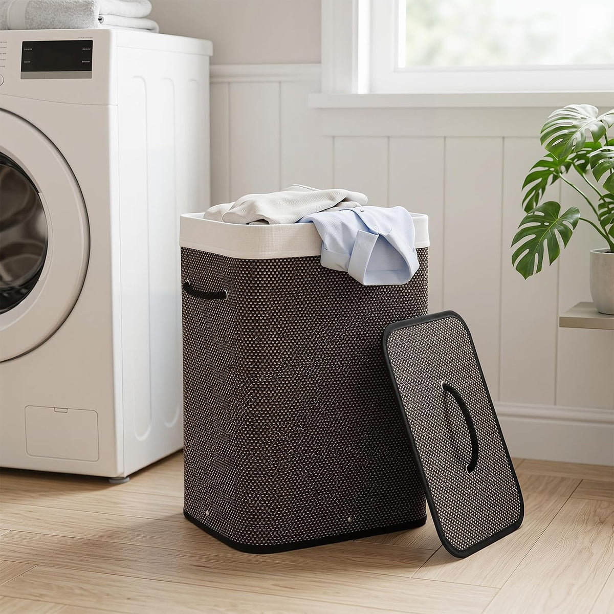Bamboo Laundry Hamper with Lid Removable Liner & Handles