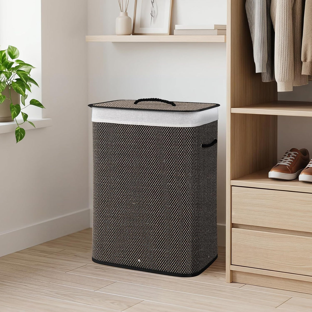 Bamboo Laundry Hamper with Lid Removable Liner & Handles