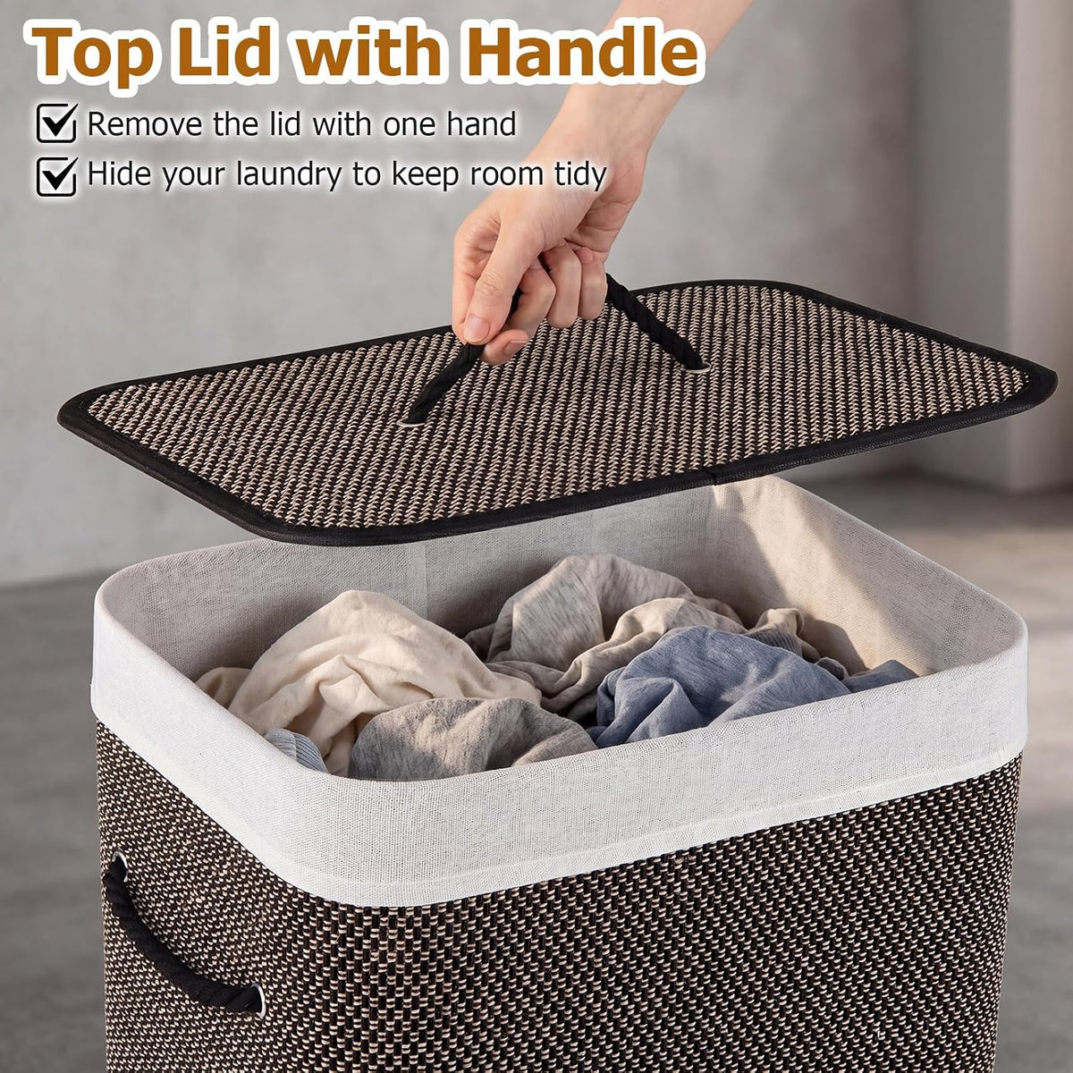 Bamboo Laundry Hamper with Lid Removable Liner & Handles