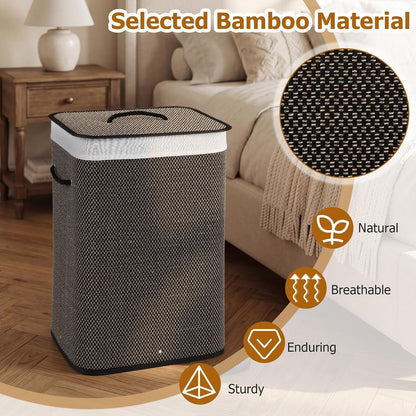 Bamboo Laundry Hamper with Lid Removable Liner & Handles