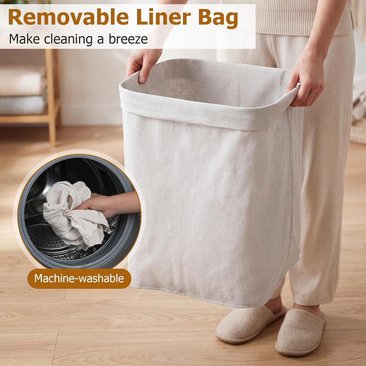 Bamboo Laundry Hamper with Lid Removable Liner & Handles