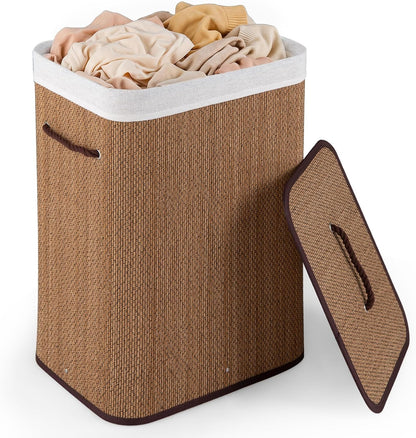 Bamboo Laundry Hamper with Lid Removable Liner & Handles