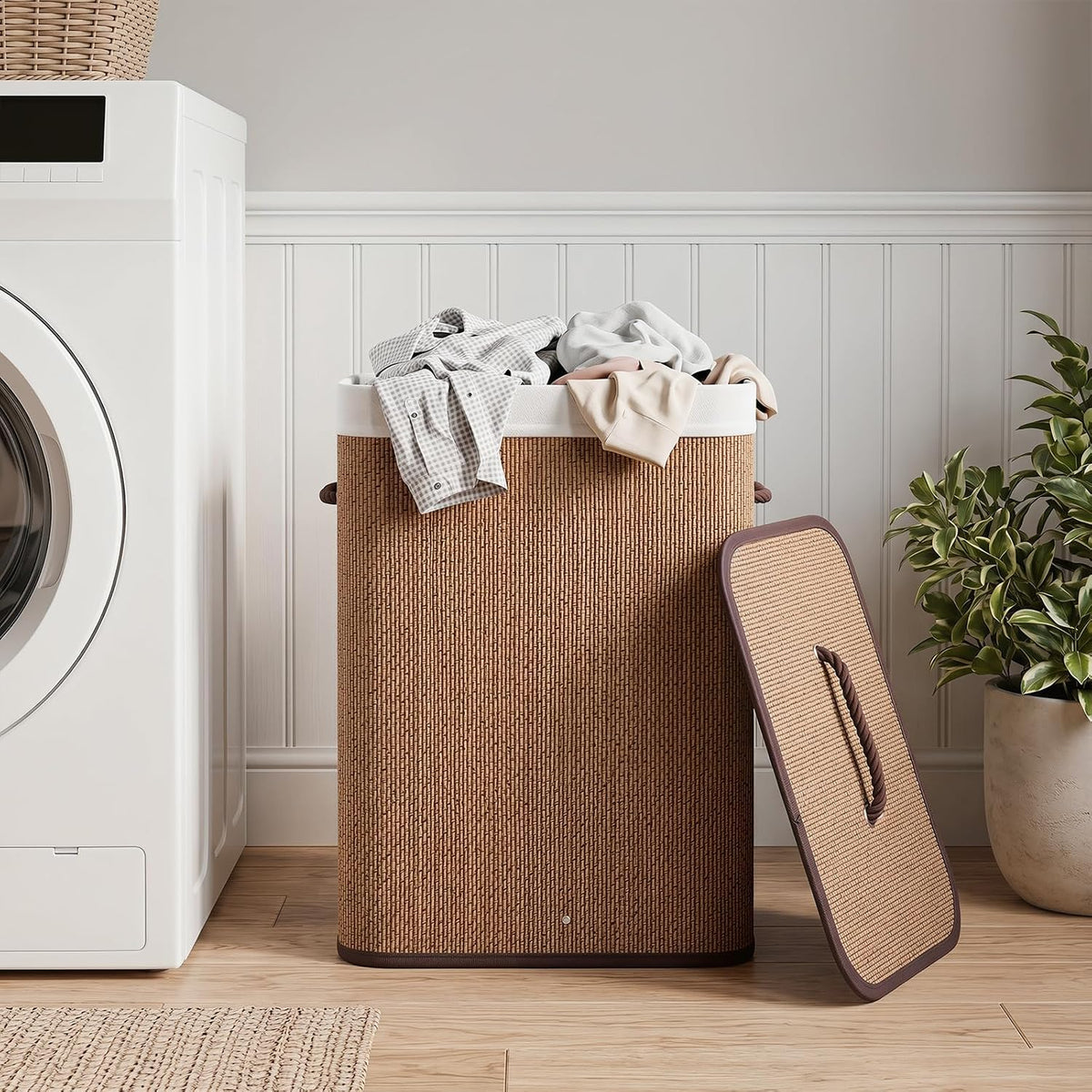 Bamboo Laundry Hamper with Lid Removable Liner & Handles