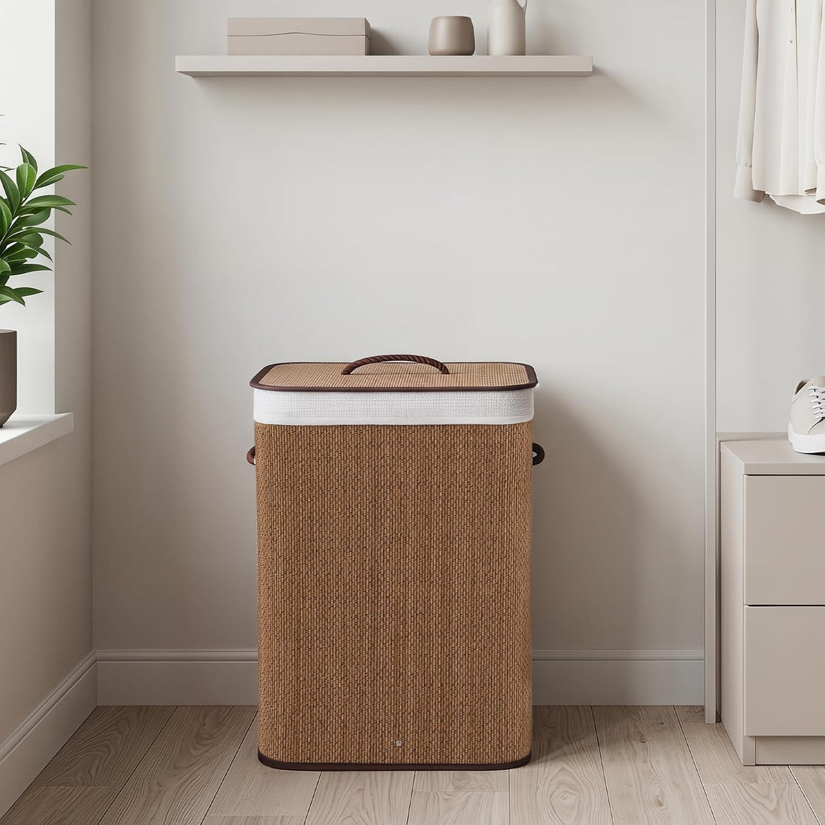 Bamboo Laundry Hamper with Lid Removable Liner & Handles