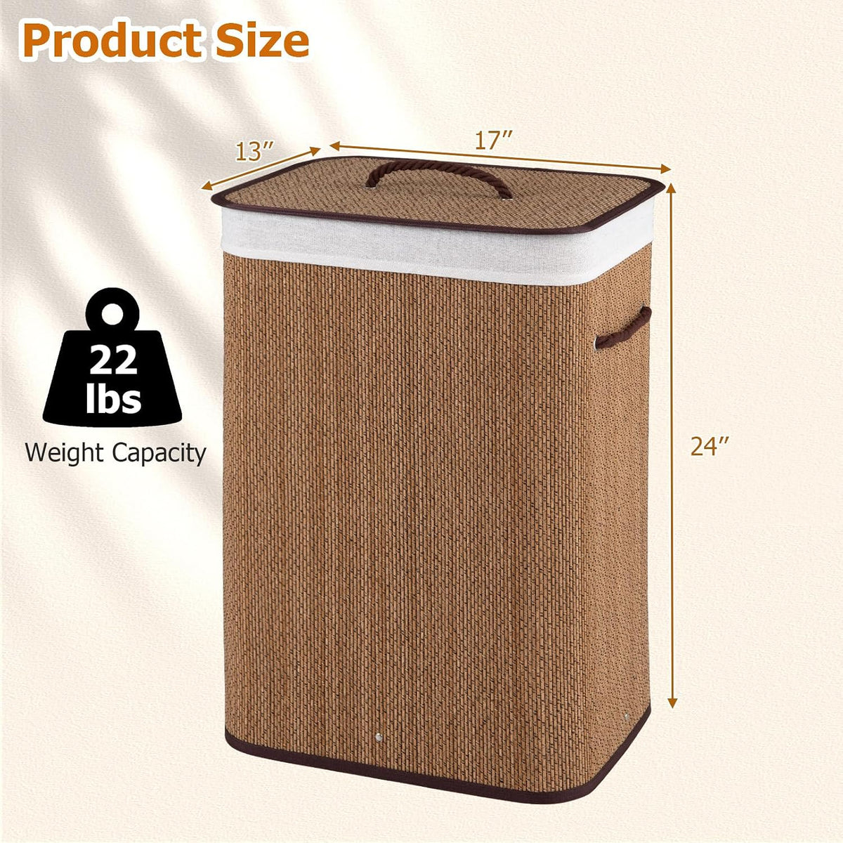 Bamboo Laundry Hamper with Lid Removable Liner & Handles