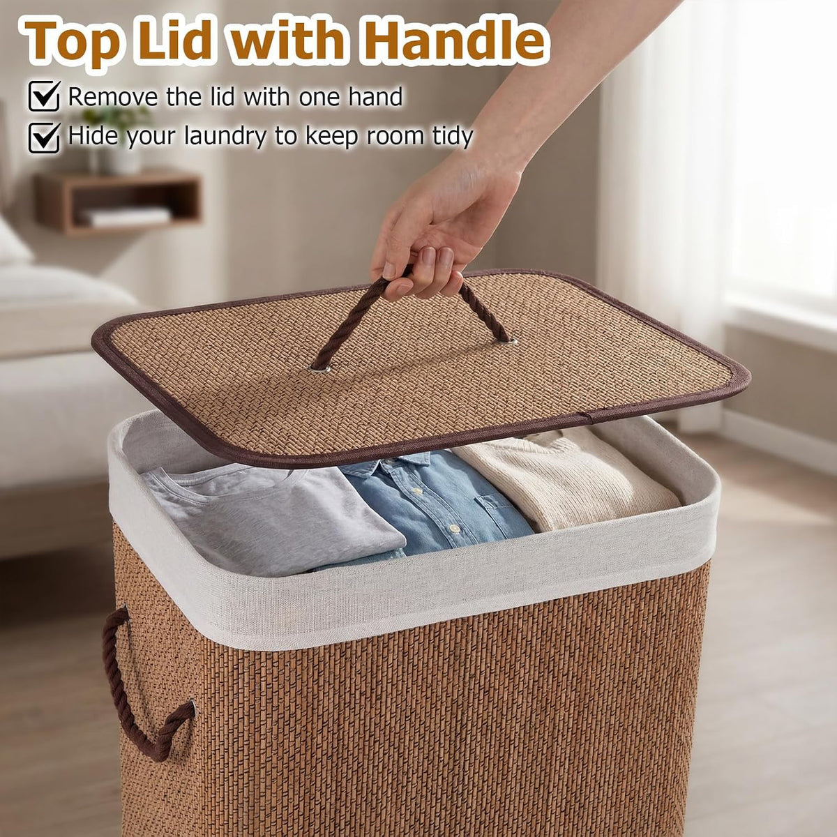 Bamboo Laundry Hamper with Lid Removable Liner & Handles